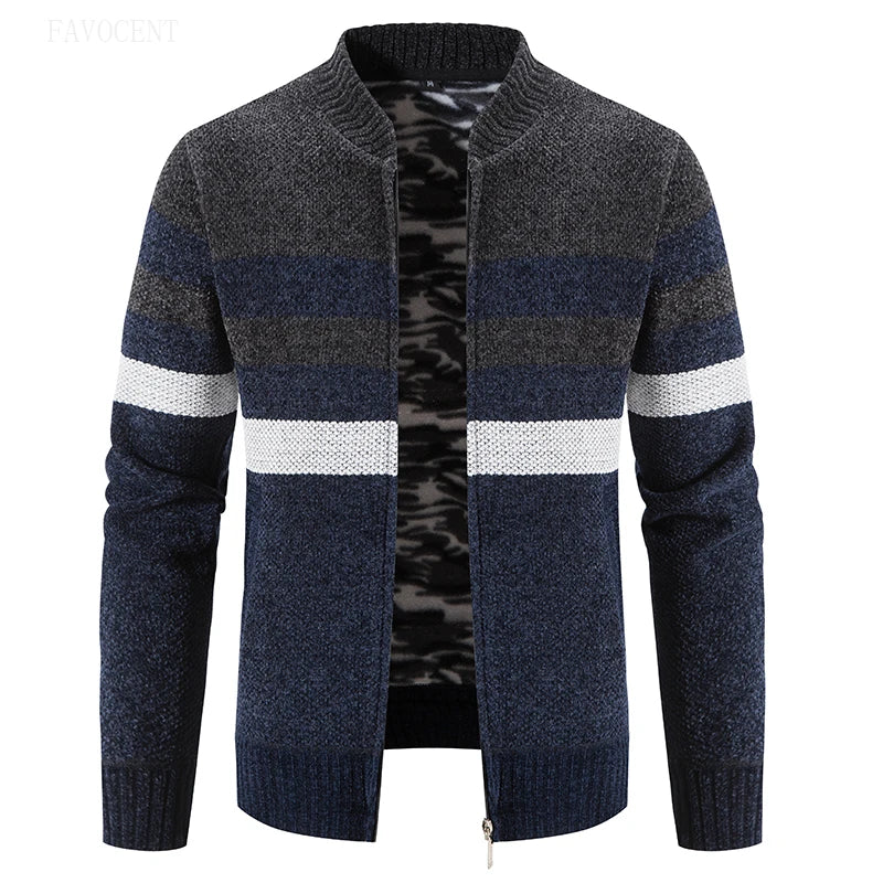 Men's Slim Fit Striped Cardigan - Stand Collar Knitted Sweater Coat