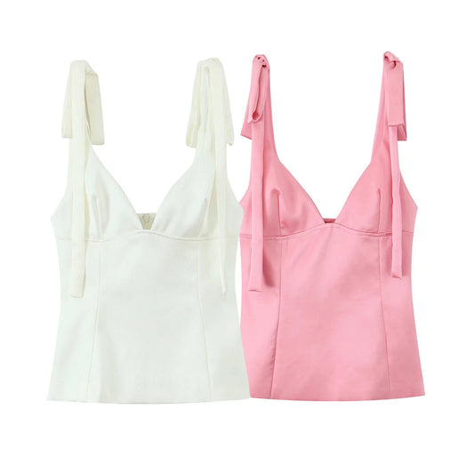 Women's Summer Sleeveless Slim Fit Butterfly Bow Decoration Silk Texture Top