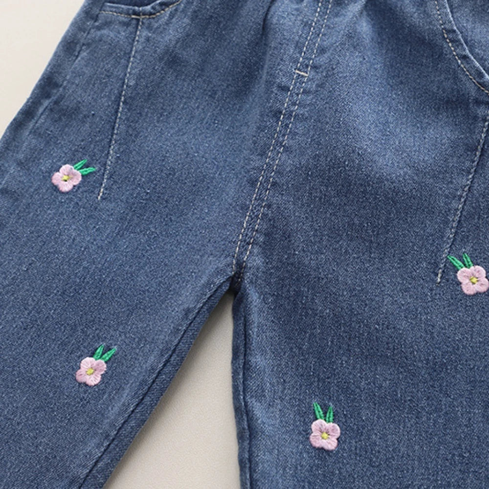 Girl's Clothing Autumn Long Sleeved Round Neck Top and Jeans 2-piece Three-dimensional Flower Spring Outfit Set