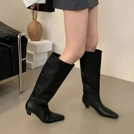 Retro Wide-Calf Knee-High Boots | Kitten Heel | Faux Leather