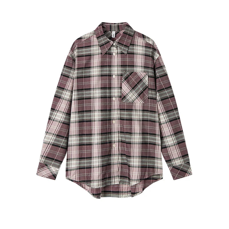 Oversized Drop Shoulder Plaid Shirt Loose Retro Casual Stylish Top