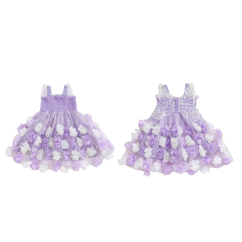 0-4Y Kids Girls Sleeveless Strap 3D Roses Lace Tulle Layered Dress with Wings