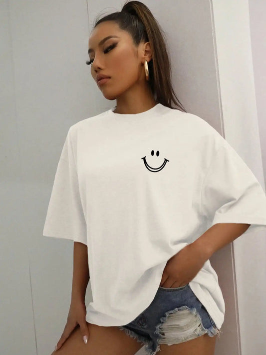 Unisex Happy Expression Printed Cotton Short Sleeve Crewneck T-Shirt