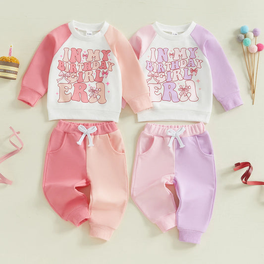 0-5Y Kids Girls Birthday Clothes Set Colour Patchwork Long Sleeve Letter Print Sweatshirt with Pants