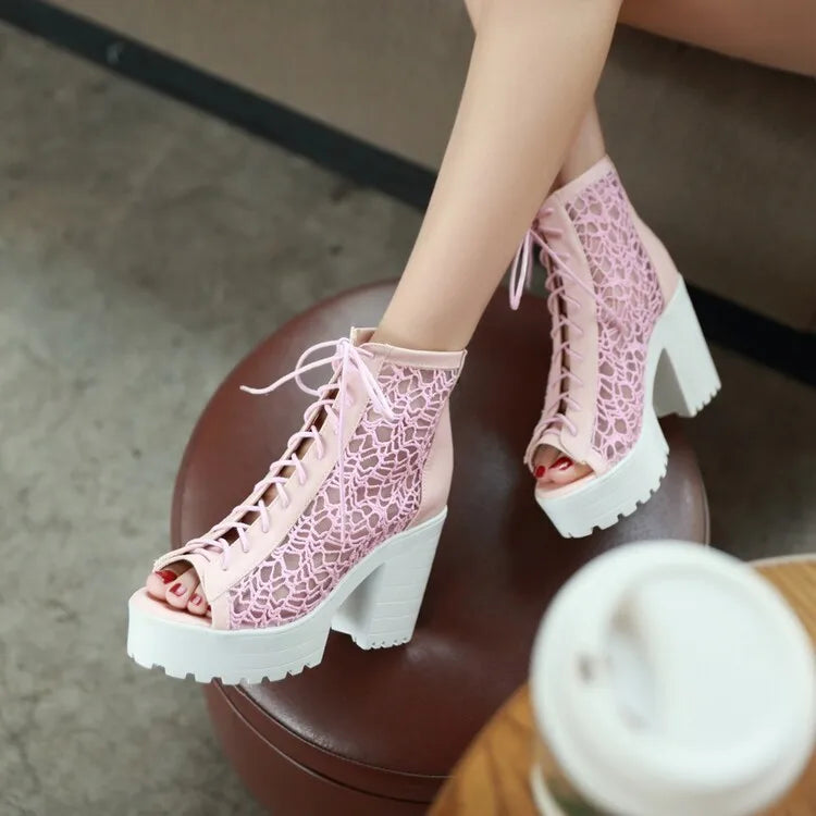 Women's Open Toe Summer Short Back Zipper Leather Mesh Hollow Cool Boots