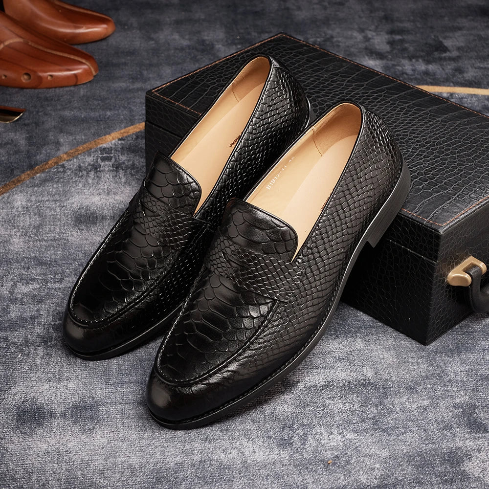 Men's Genuine Leather Snake Pattern Loafers – Pointed Slip-On Dress Shoes