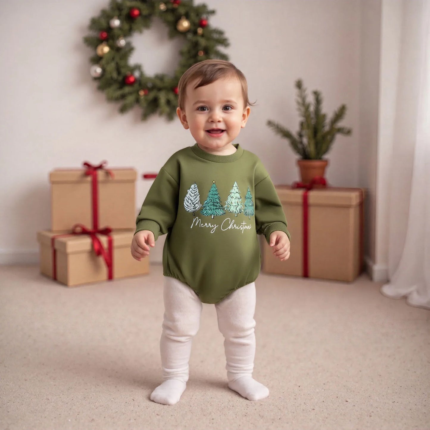 Baby Christmas Romper - Long Sleeve Tree Letter Print Bodysuit (0-18M)