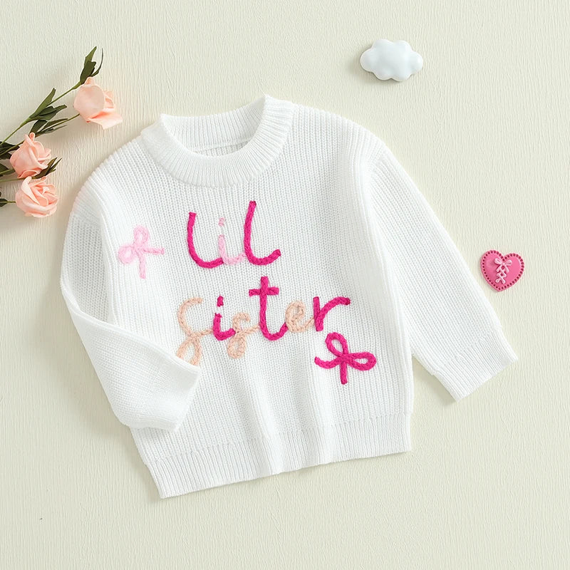 0-3Y Baby Girls Sister Sweater Letter Bowknot Embroidery Crew Neck Long Sleeve Kids Pullovers Casual Top