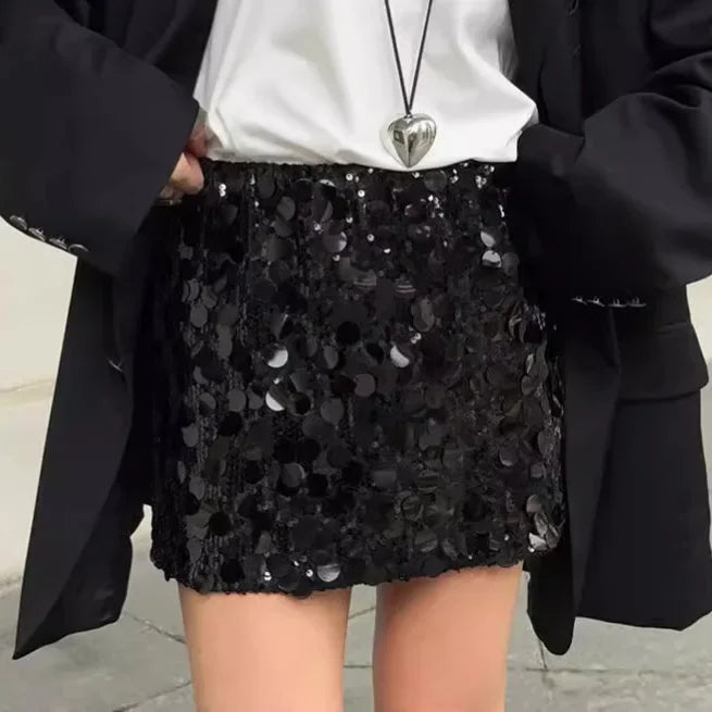 Women's High Waisted Sequins Skirt - Hip Wrap Mini Splice Glitter Skirt