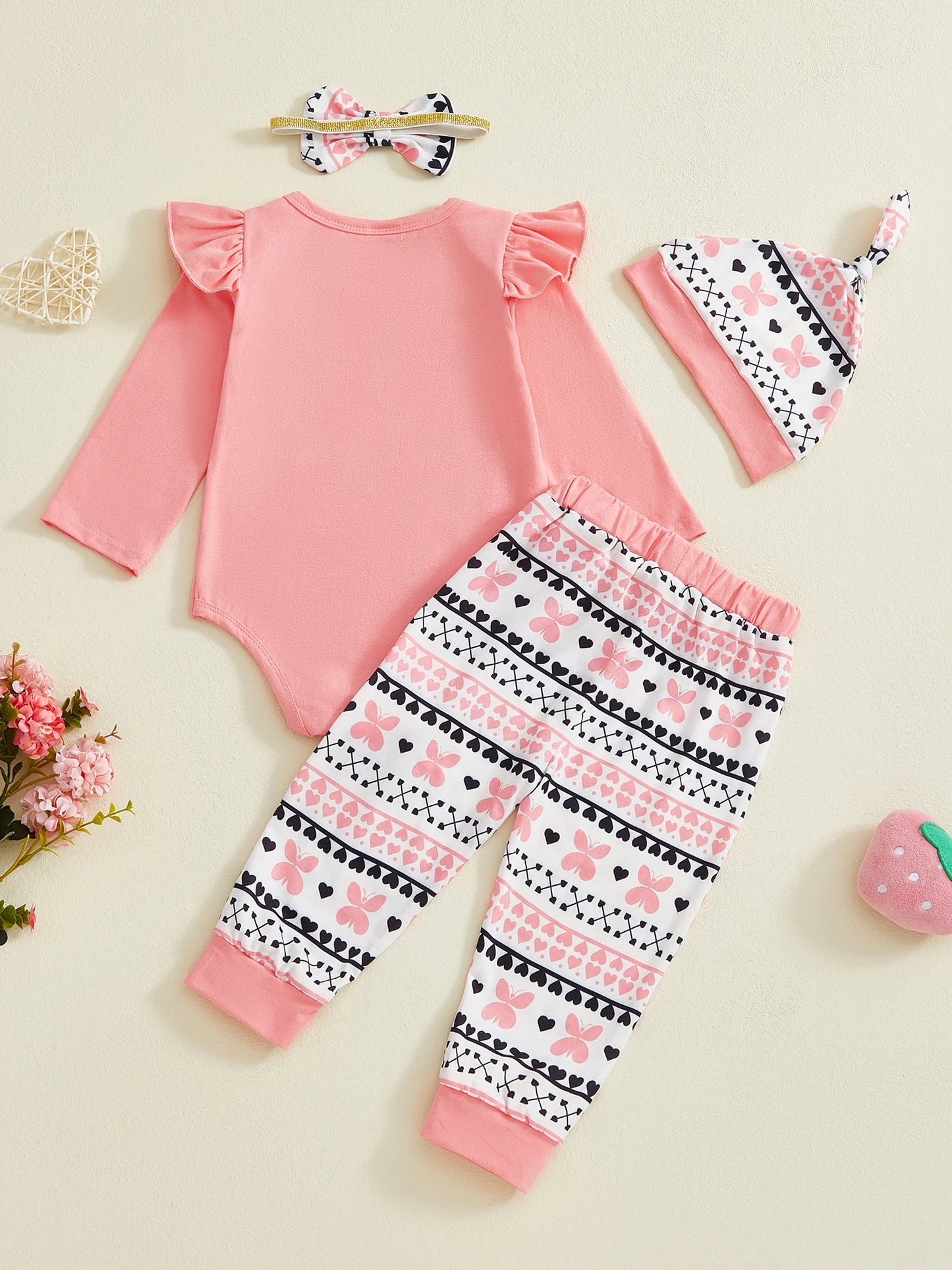 Newborn Baby Girls Boys Valentine's Day Outfit Set - Letter Print Romper with Butterfly Pants & Accessories 0-12M