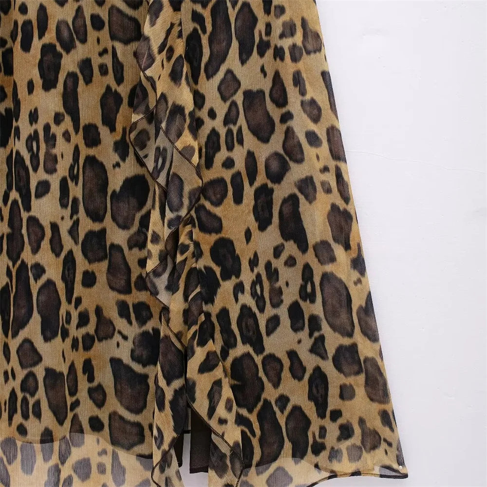 Women's Spring and Summer  Temperament Ruffle Edge Leopard Print Dress