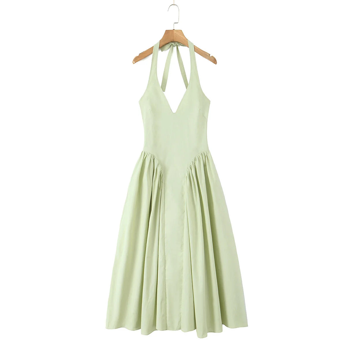 Backless Green Halter Dress - Elegant Low Waist A-Line Midi Dress