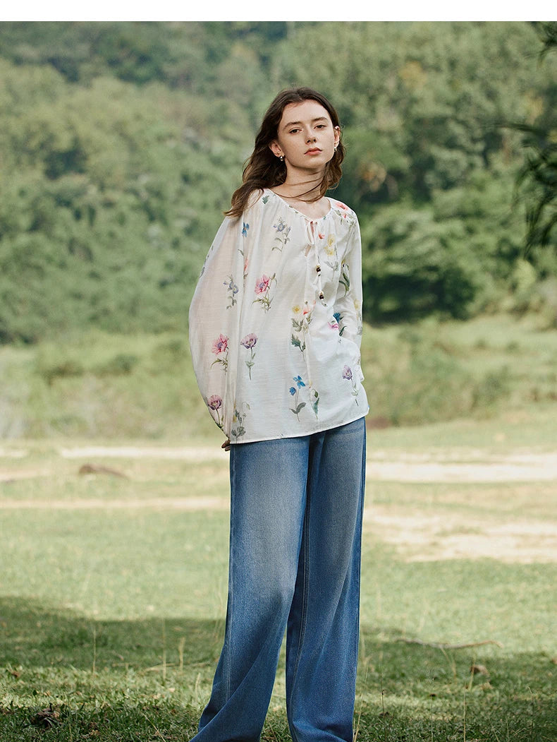 Women's Linen Blend Floral Print Blouse | Lantern Sleeves | O-Neck | Loose Fit | White | Spring Summer