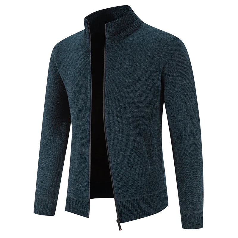 Men's Thick Knit Zip-Up Cardigan with Stand Collar