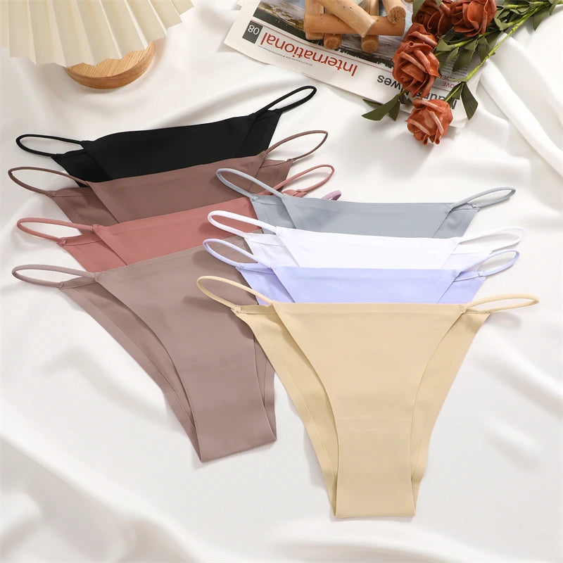 Women's 4Pcs/set Seamless Underwear Ice Silk Briefs Panties Thin Strap Lingerie