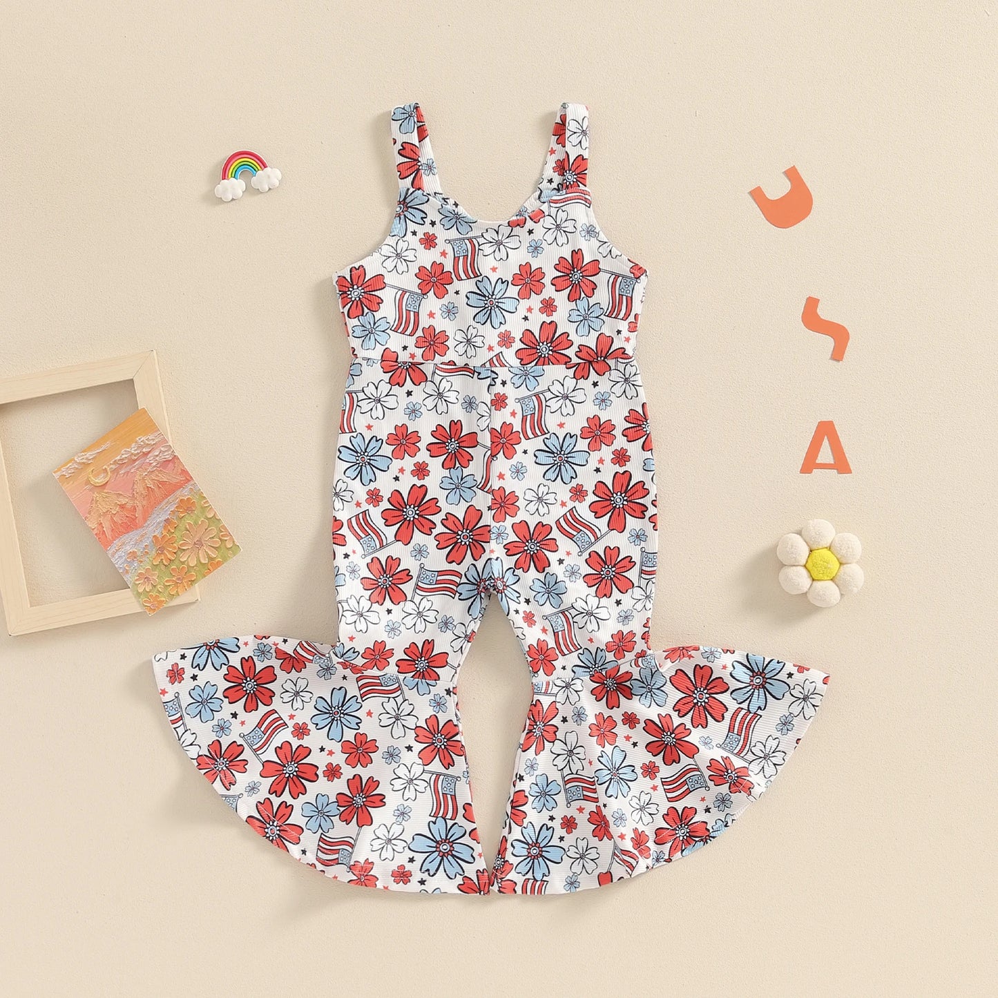 Toddler Kids Girls Jumpsuit - 0-4Y Sleeveless Flower USA Flag Print Bell Bottom Overalls