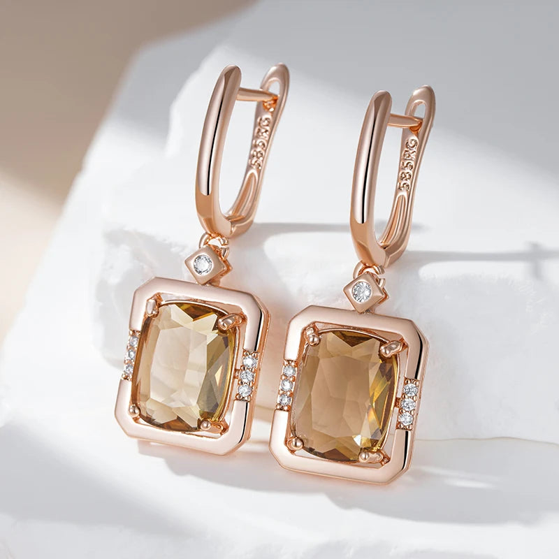 Women's Square 585 Rose Gold Colour Light Brown Natural Zircon Drop Earrings