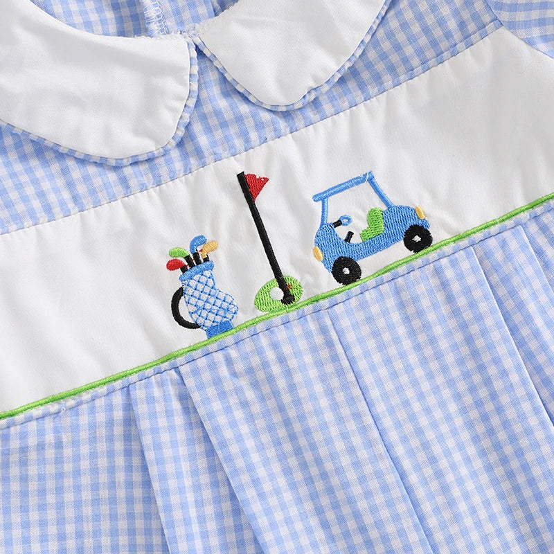 Baby Boys Romper - Doll Collar Golf Embroidery Plaid Jumpsuit