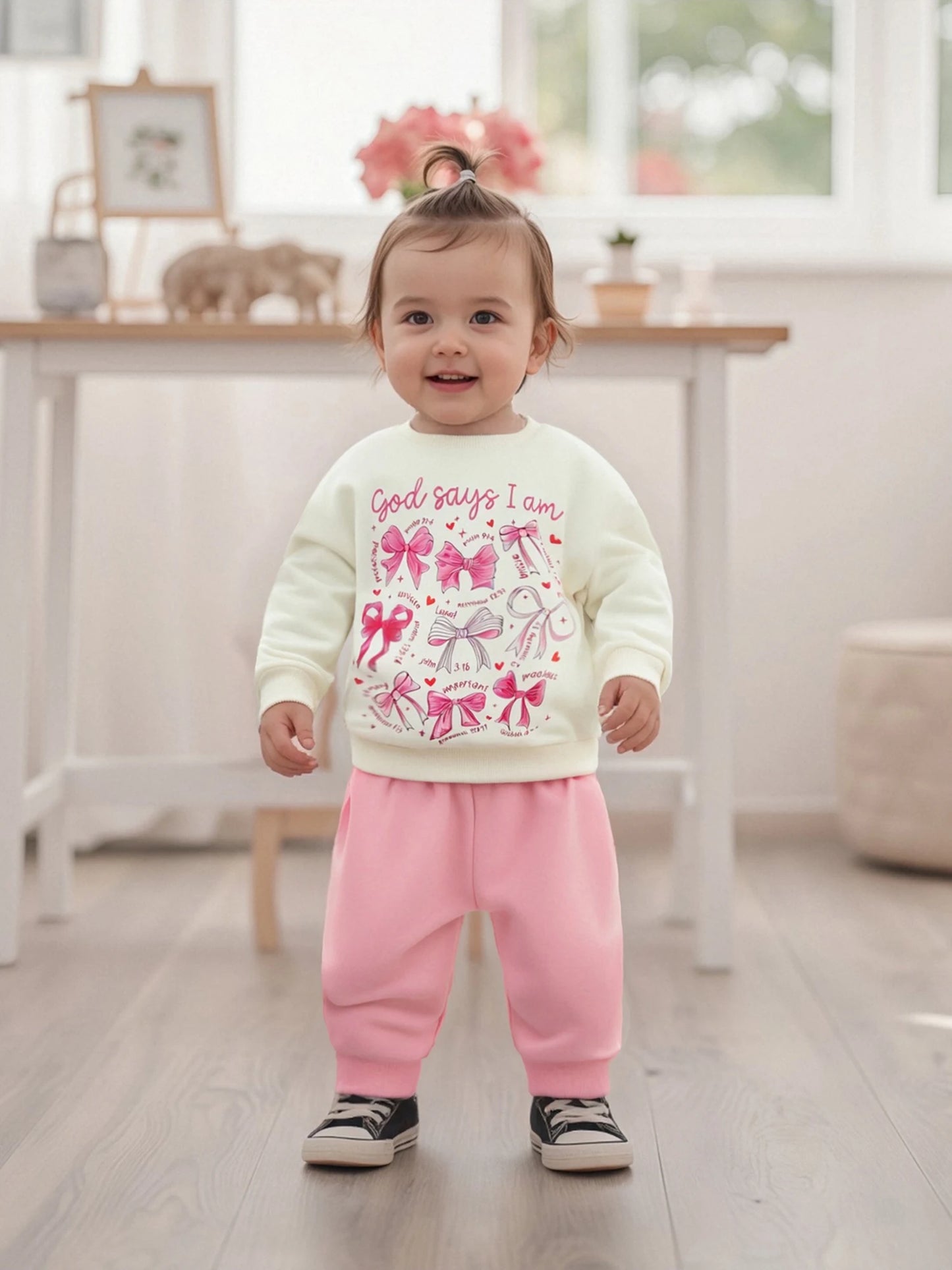 Baby Girls Fall Winter Clothes Set - Bow Letter Print Sweatshirt & Pants (0-3Y)