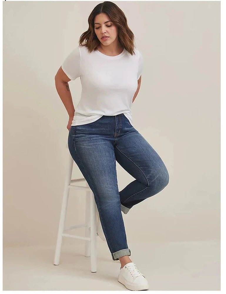 Plus Size Jeans - Women Straight High Waist Denim Wide Leg Stretchy Jeans