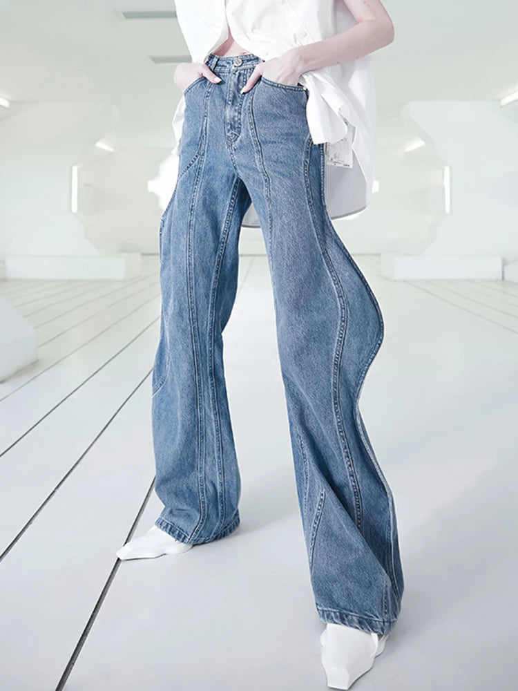 Women's Loose Wave Design Denim Pants - High Waist Patchwork Button Casual Temperament Wide Leg Jeans