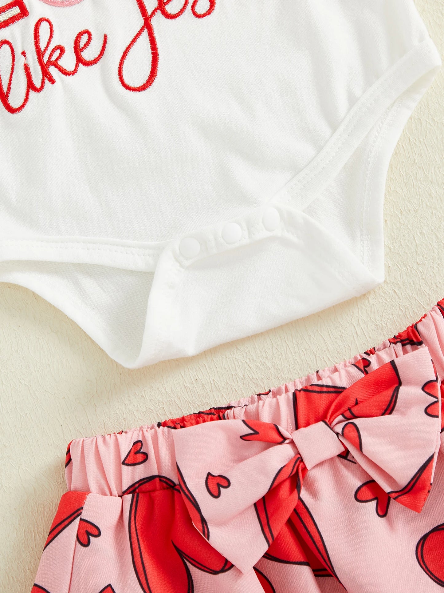 Baby Girls Valentine's Day Letter Embroidery Romper Heart Print Shorts and Hairband Set