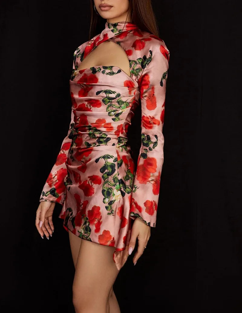 Women's Bodycon Satin Print Hollow Out Long Sleeve  Elegant Party Backless Evening Dress