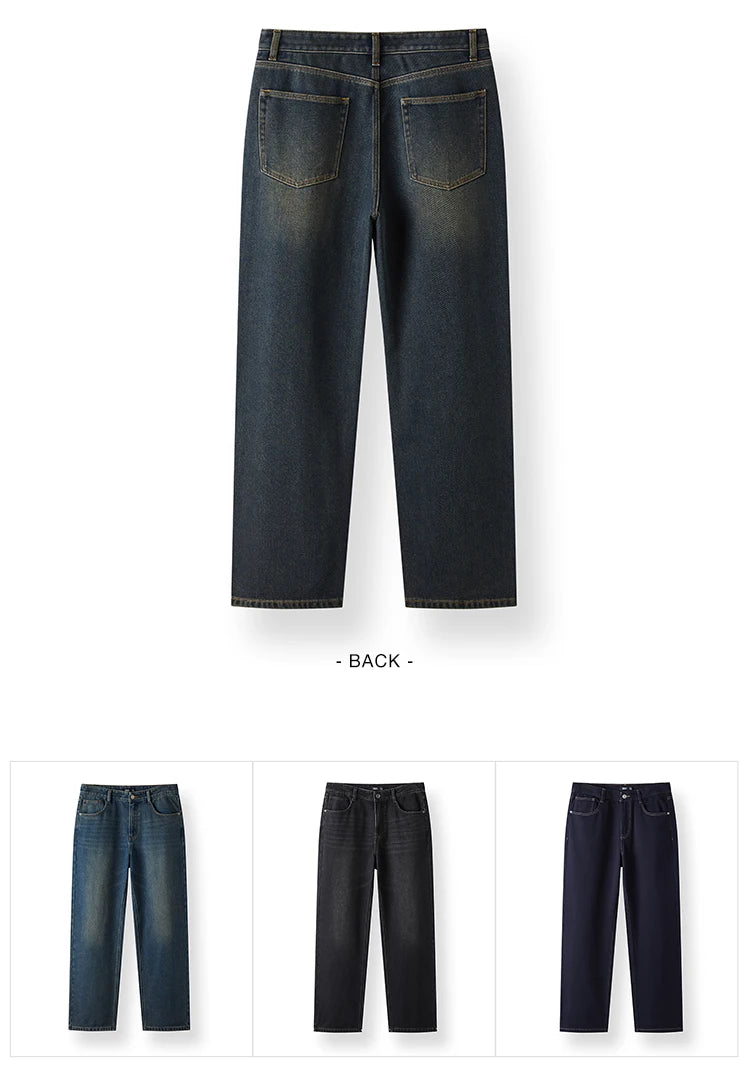Vintage Washed Whiskered Loose Fit Straight Leg Jeans - Men's Classic Casual Denim