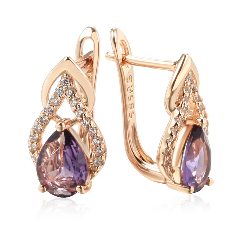 Women 585 Rose Gold Vintage Sparkling Purple Water Drop Natural Zircon Earrings