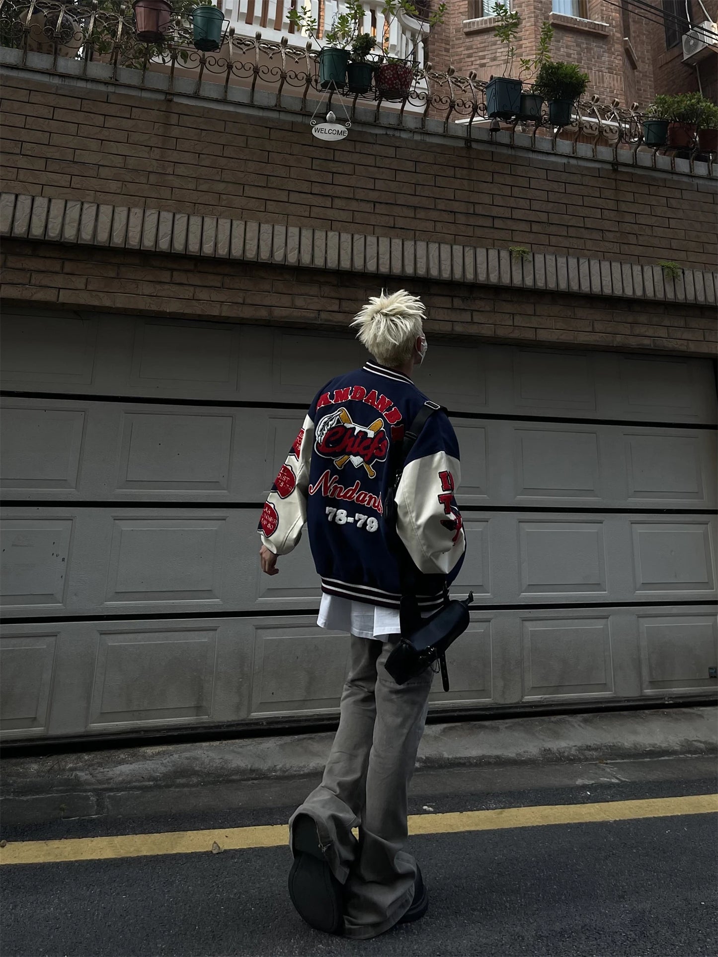 Men's Vintage Flocked Embroidery Patchwork Varsity PU Leather Sleeve Baseball Jacket