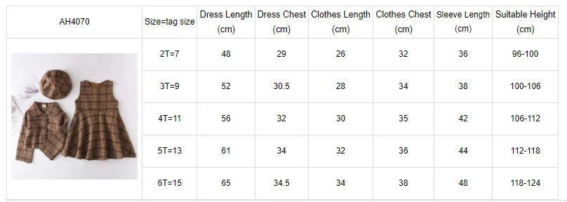 Girl's  2-6Y Girl's Plaid Vest Dress Retro Outwear Coat 3 Pcs Outfit