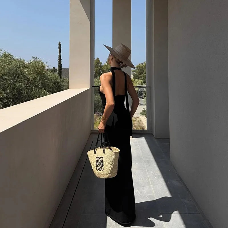 Wrap Around Halter Maxi Dress - Black Backless Evening Gown