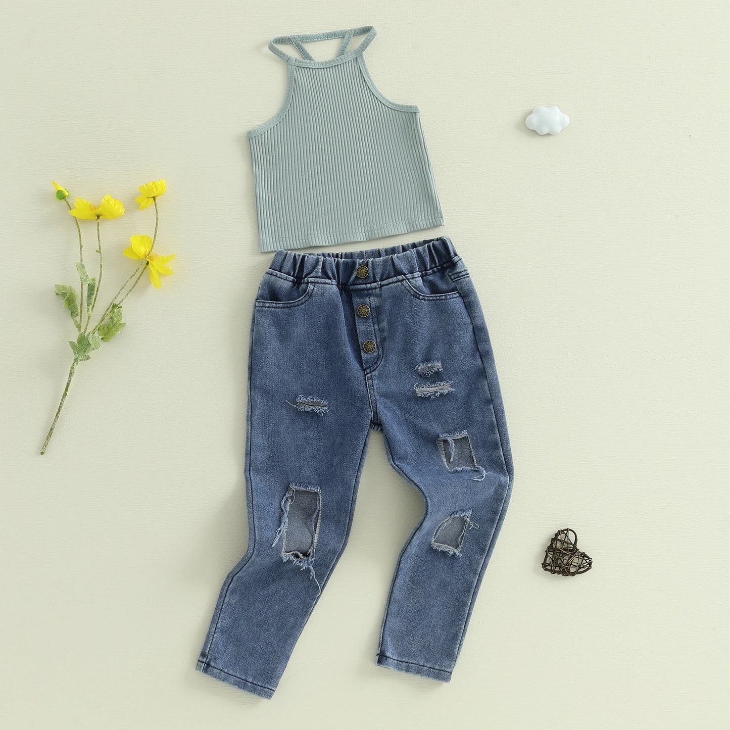1-6Y Kids Girls Summer Clothes Sets Ribbed Halter Tank Tops and Elastic Ripped Denim Pants