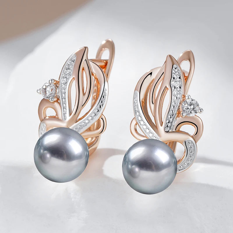 Natural Zircon Flower Gray Pearl Drop Earrings - Rose Gold Boho Wedding Jewelry