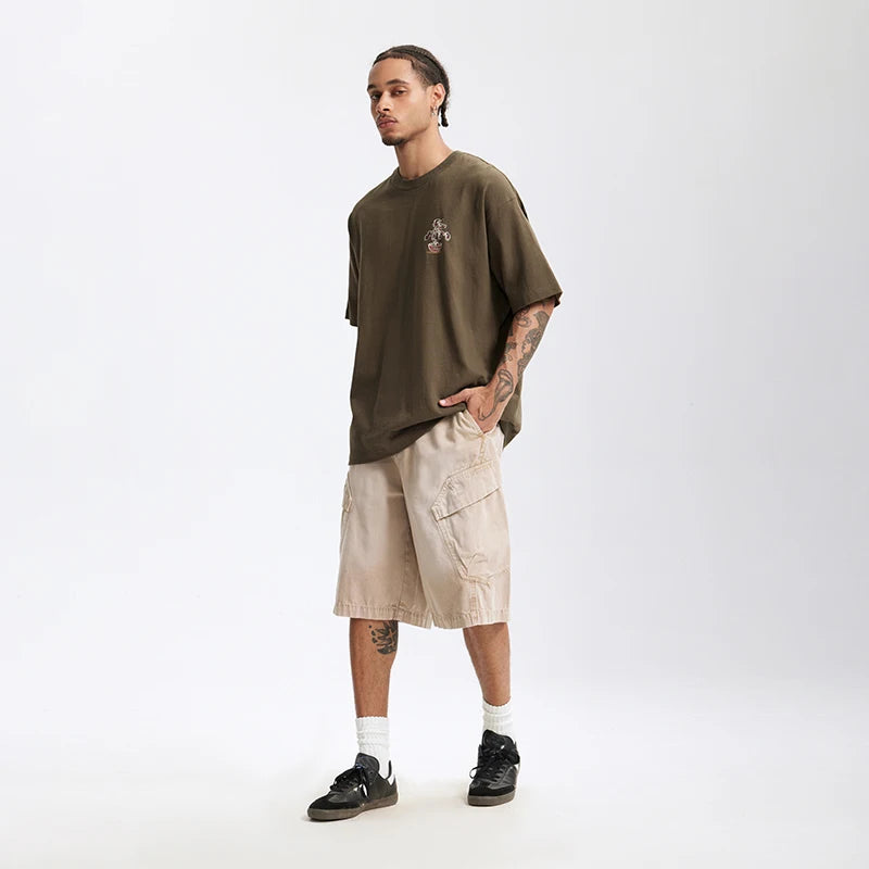 Men's 250G Green Plant Crack Print Retro Street Style Heavyweight Casual Short Sleeve T-Shirt