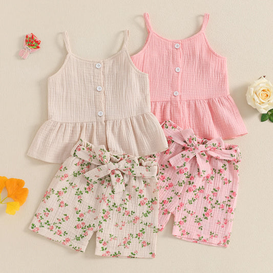Girls' Solid Sleeveless Camisole & Floral Print Belted Shorts Set | Pink & Beige