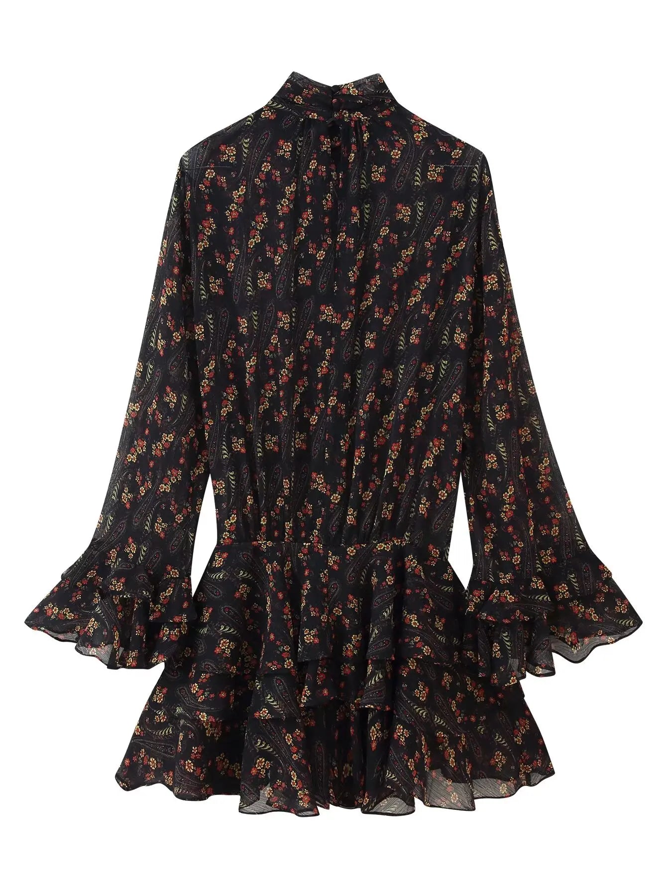 Floral Print High Neck Mini Dress - Long Sleeve Spring Autumn Dress
