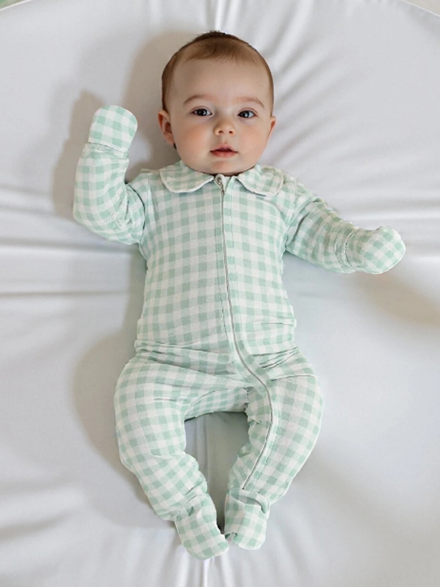 Newborn Baby Plaid Romper - Doll Collar Long Sleeve Zip-Up Footed Jumpsuit