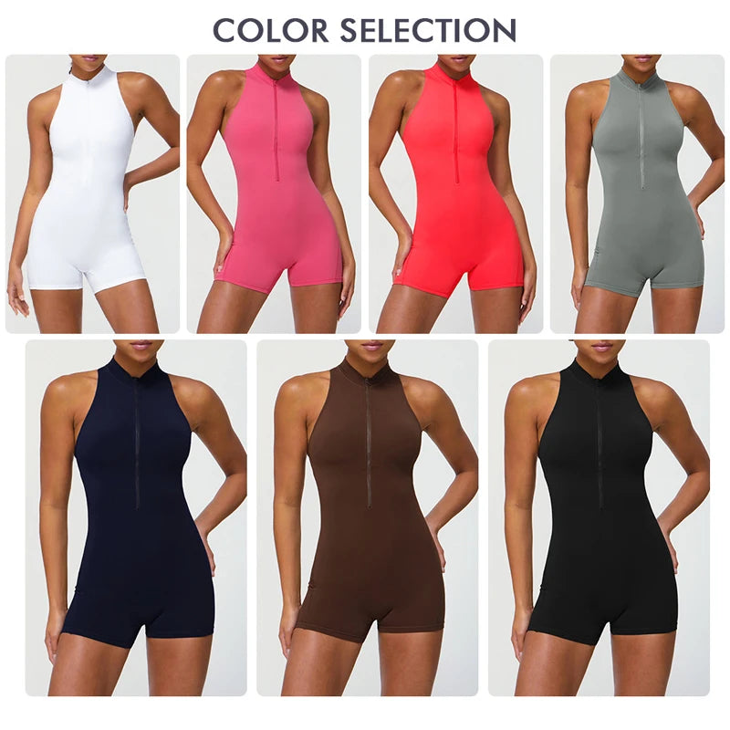 Women's One Pieces Fitness Yoga Set - Zipper  Gym Breathable Quick Dry Running Short Sportswear Shorts Jumpsuit