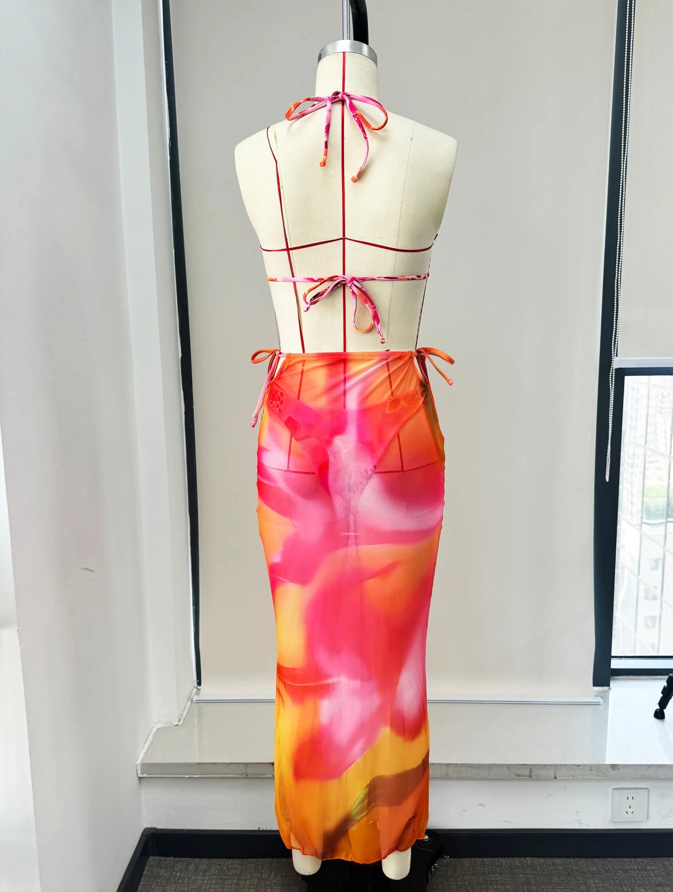 3-Piece Print Bikini Set with V-Neck Skirt Cover-Up