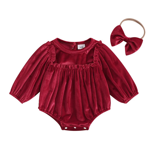 Baby Girl's Christmas Velvet Romper Set with Headband - Round Neck Long Sleeve