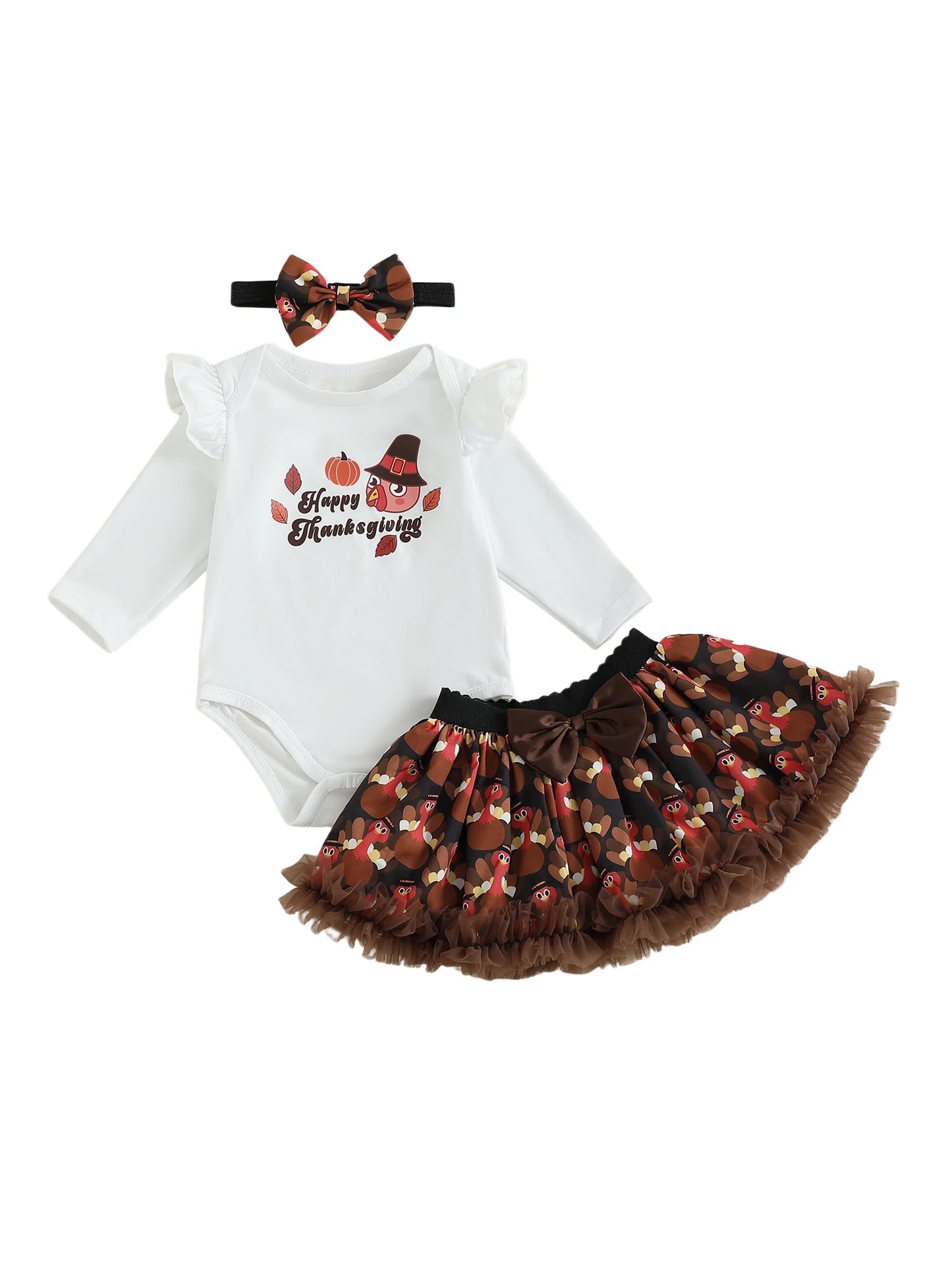 Baby Girls Thanksgiving Outfit Set - 3-Piece Long Sleeve Romper, Mini Skirt & Headband
