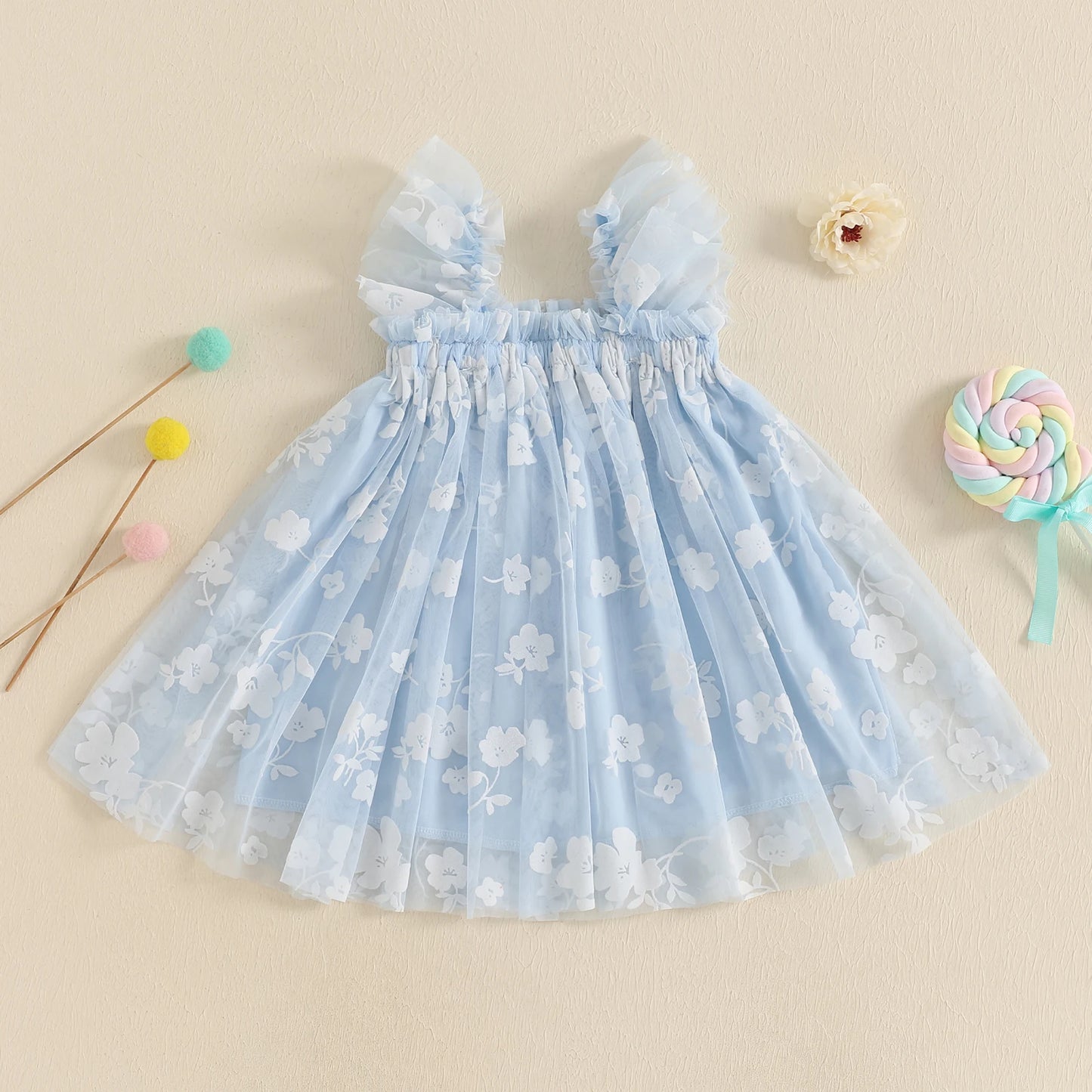 0-4YBaby Girls Summer Dress Glitter Star/Flower Print Fly Sleeve Square Neck Mesh Tulle Summer Dressress