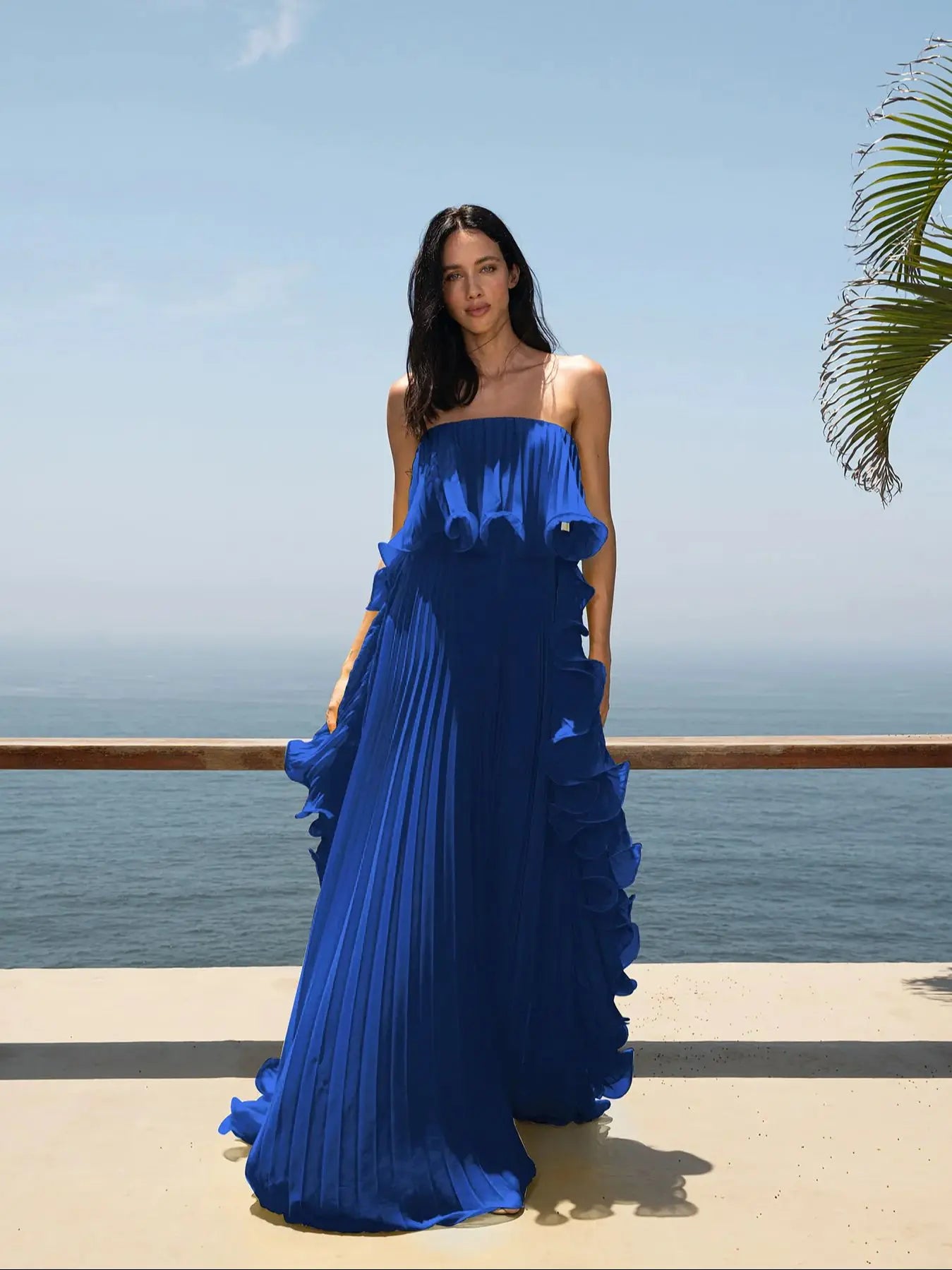 Pleated Wrap Maxi Dress - Off-Shoulder Cape Gown