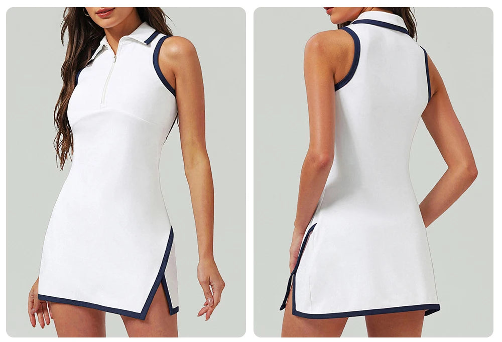 Women's Half-Zip Tennis Dress with Lapel Collar - Quick Dry Athletic Polo Dress