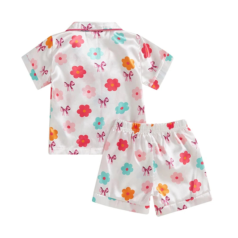 0-4Y Summer  Kids Girls Summer Pyjamas Clothes Sets 2pcs Flower Bow Print Single Breasted Shirts and Shorts