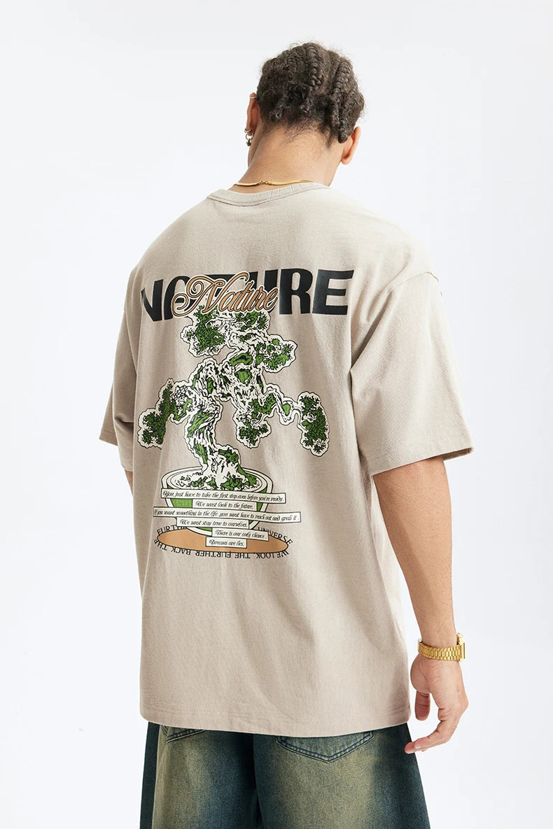 Men's 250G Green Plant Crack Print Retro Street Style Heavyweight Casual Short Sleeve T-Shirt