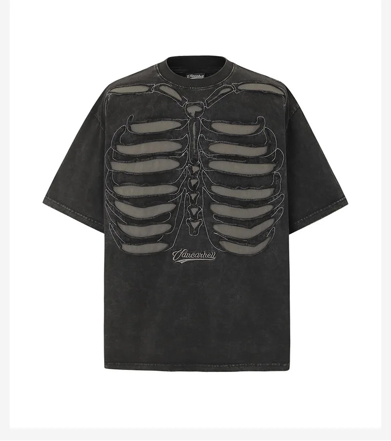 Men's Washed Vintage Cotton T-Shirt - Skull Embroidery