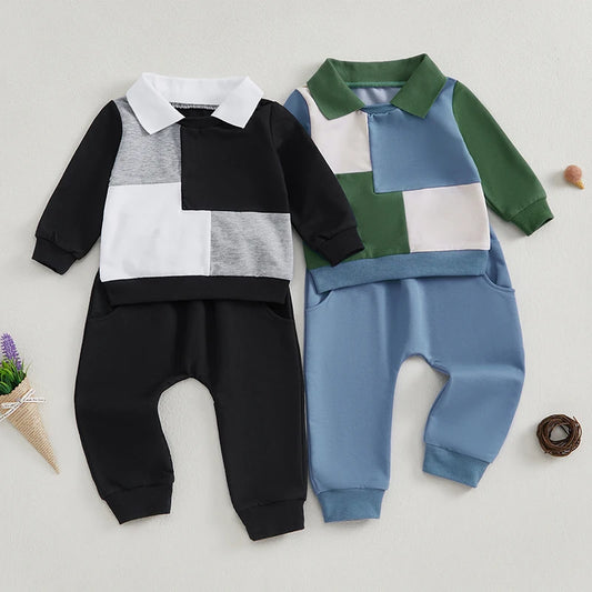 0-3Y Baby Boys 2Pcs Clothes Sets Outfit Long Sleeve Lapel Collared Colour Patchwork Sweatshirt and Pants