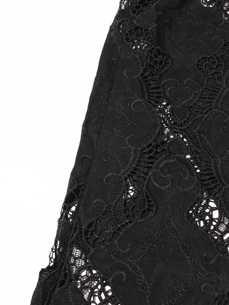 Women's Solid Hollow Out Two Piece Set - Stand Collar Sleeveless Top & Wide Leg Trousers